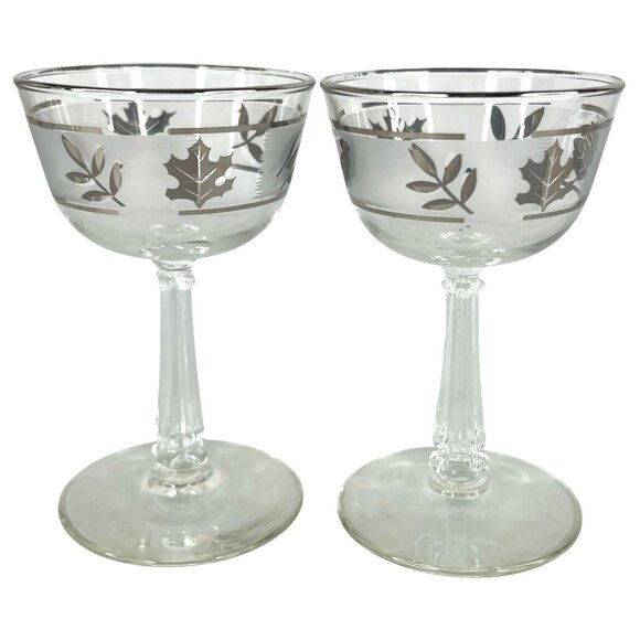 6 Vintage Libbey Silver Leaf Champagne Glasses Cocktail Barware Goblet 5 IN  Set - Picture 3 of 6